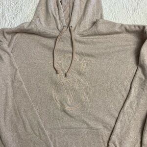 Vintage Y2K Victoria's Secret Cream Hooded Sweatshirt with Pink embroidered logo